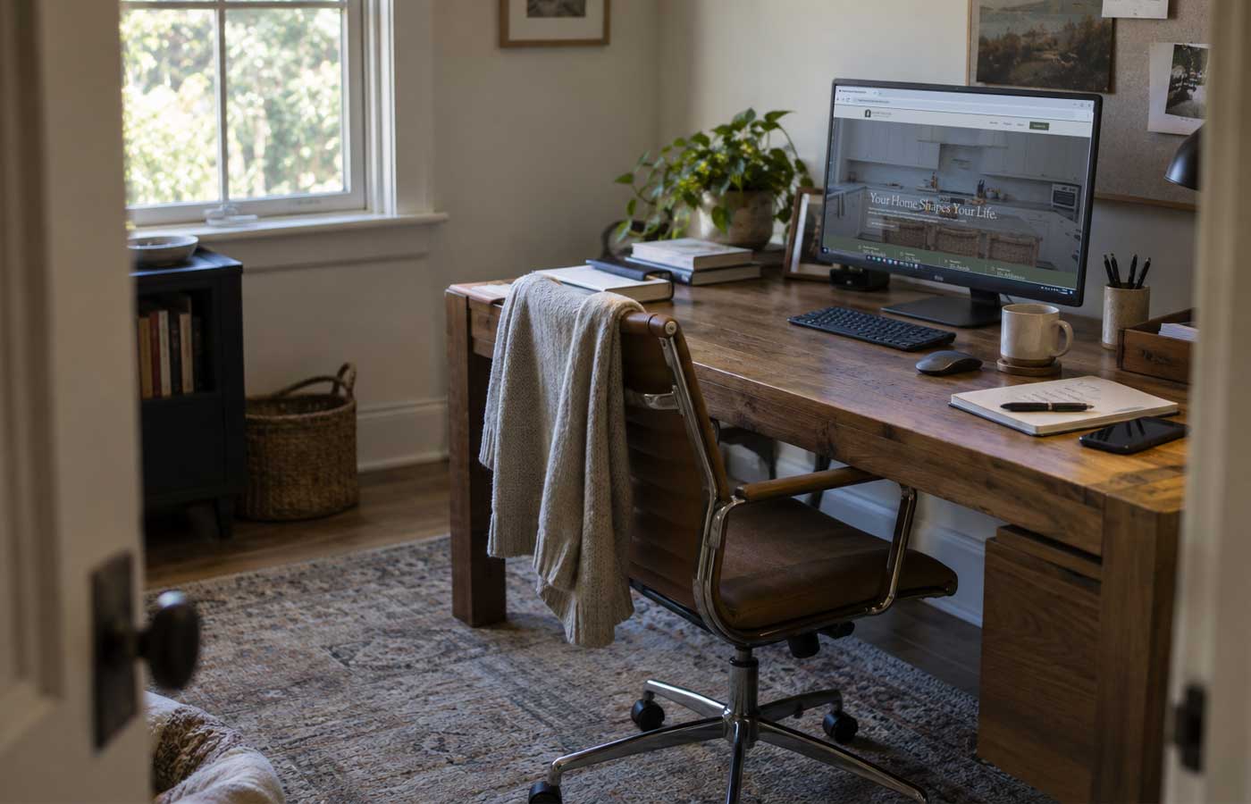 office with desk chair and desktop monitor with heartwood website